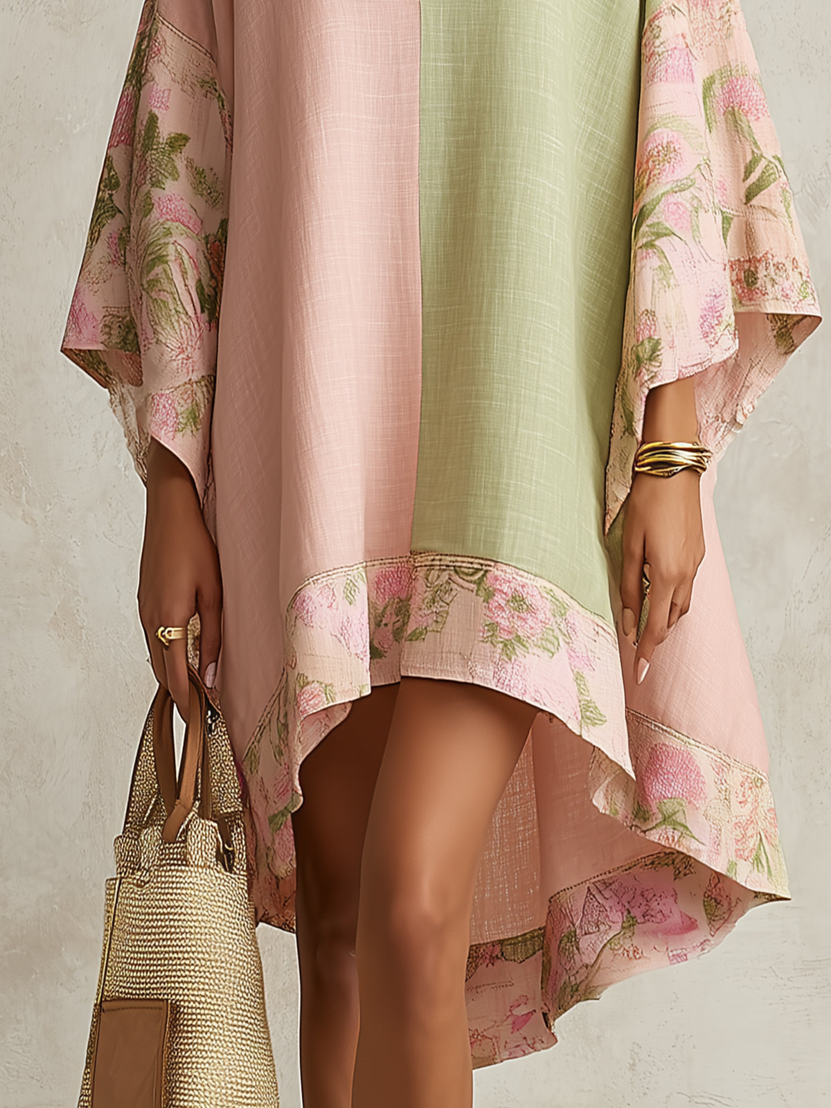Green and Pink Color-Block Floral-Trim Midi Dress
