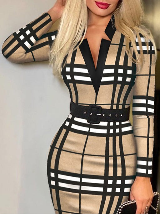 Stylish plaid V-neck bodycon long-sleeved sexy dress(Includes belt)