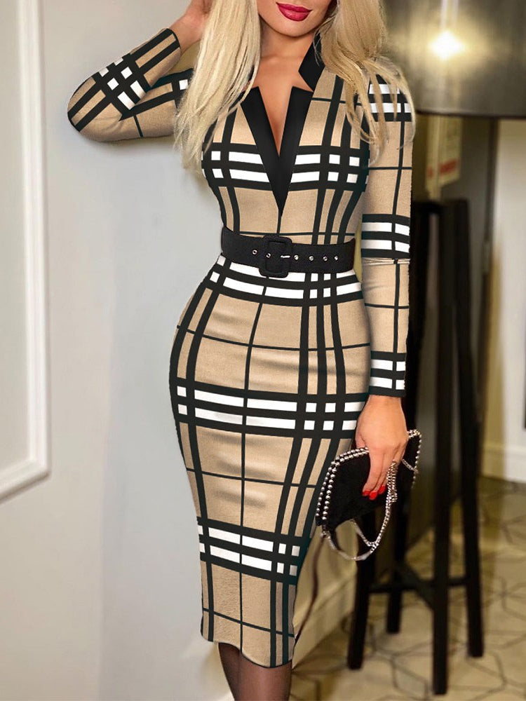 Stylish plaid V-neck bodycon long-sleeved sexy dress(Includes belt)