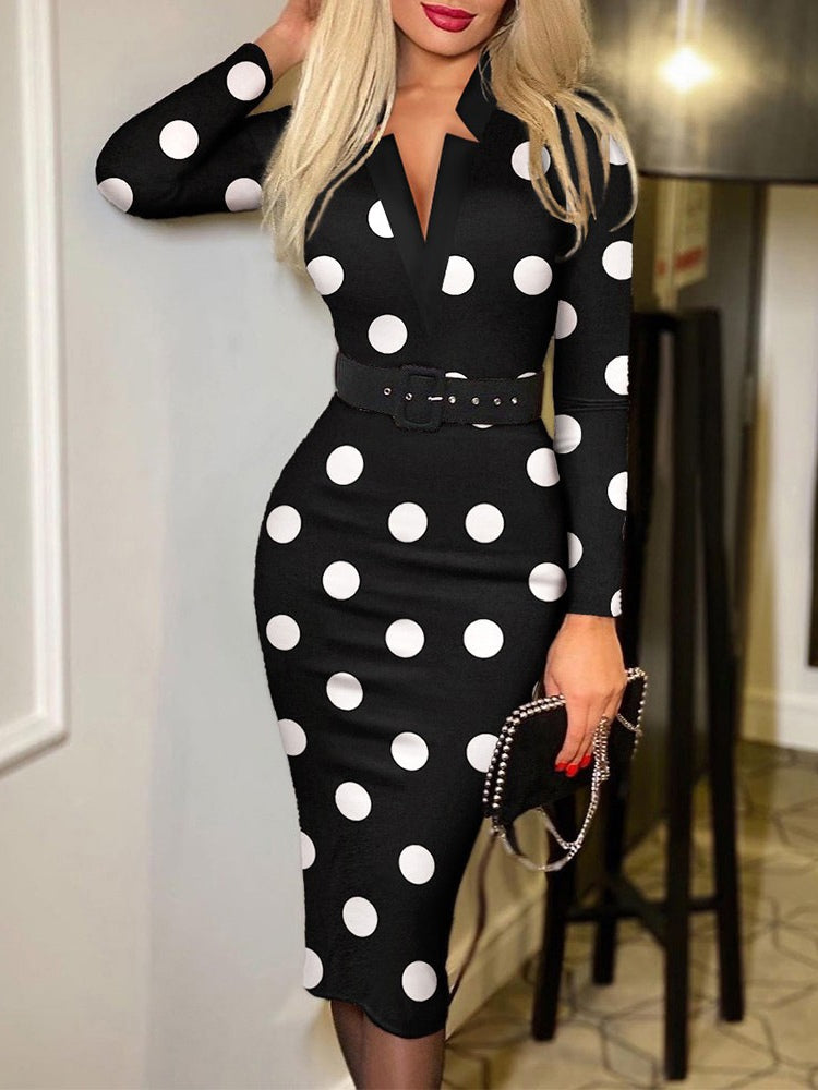 Stylish plaid V-neck bodycon long-sleeved sexy dress(Includes belt)