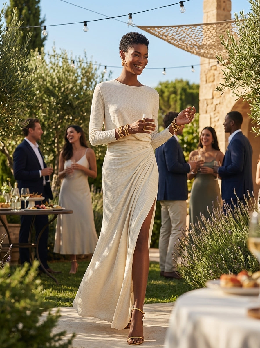 Beige Cotton-Blend Crew-Neck Slit Maxi Dress