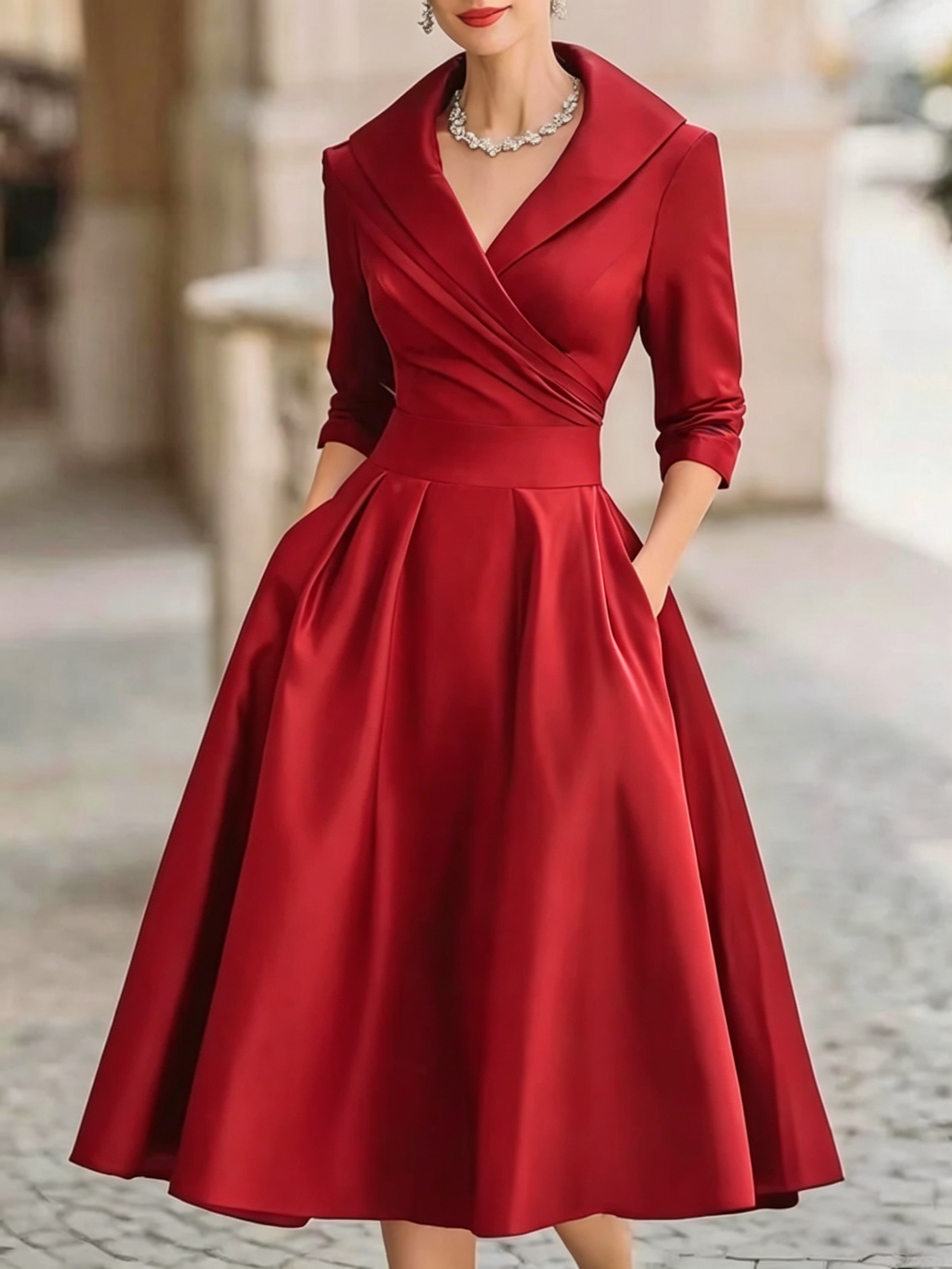 Elegant Black Satin Pleated V-neck A-line Midi Dress