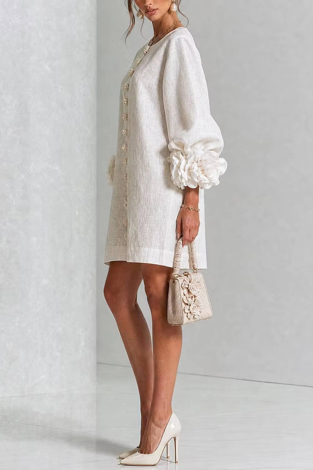 Rosalia Floral-Cuff Button Mini Dress