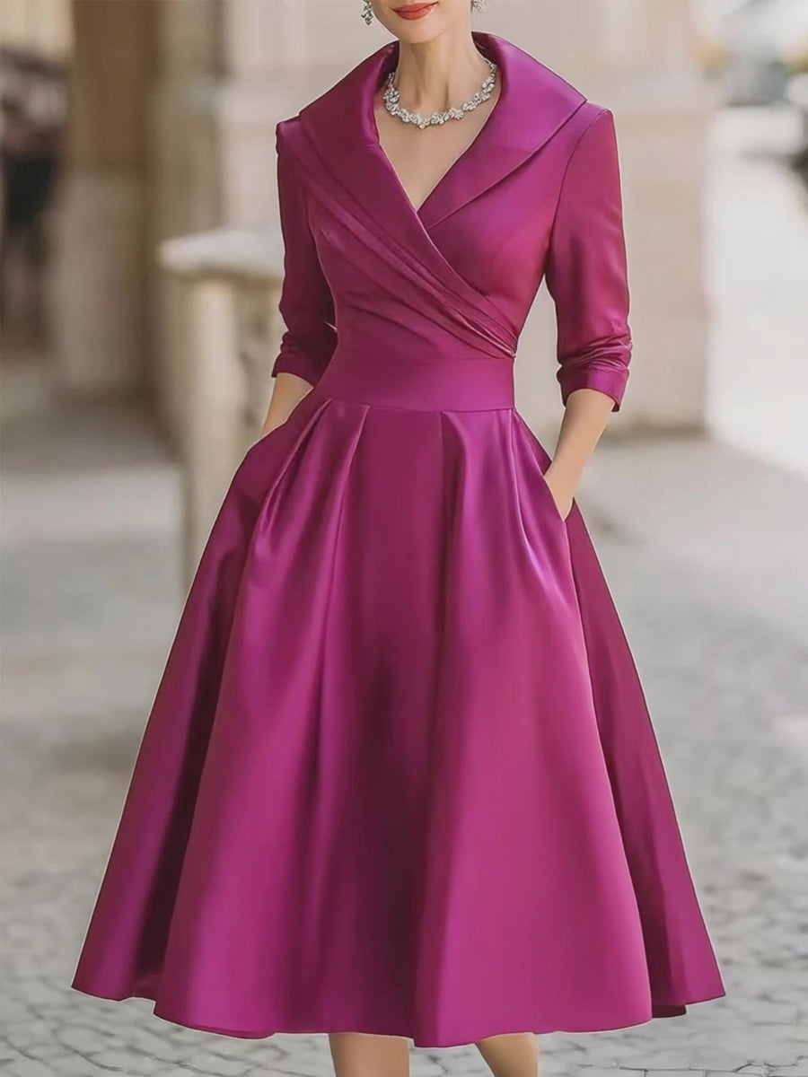 Elegant Black Satin Pleated V-neck A-line Midi Dress