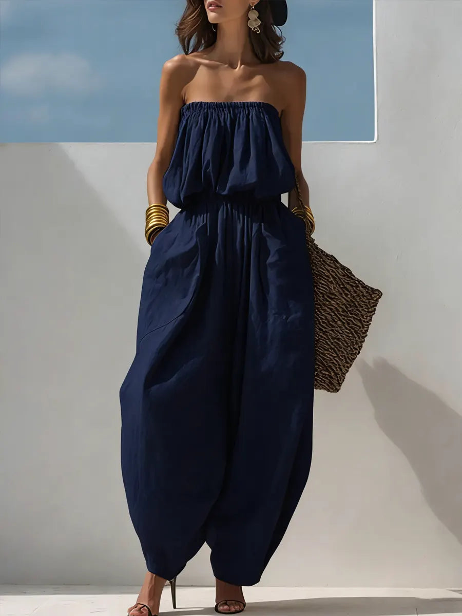 Casual Loose Sleeveless Tapered Cotton And Linen Jumpsuit