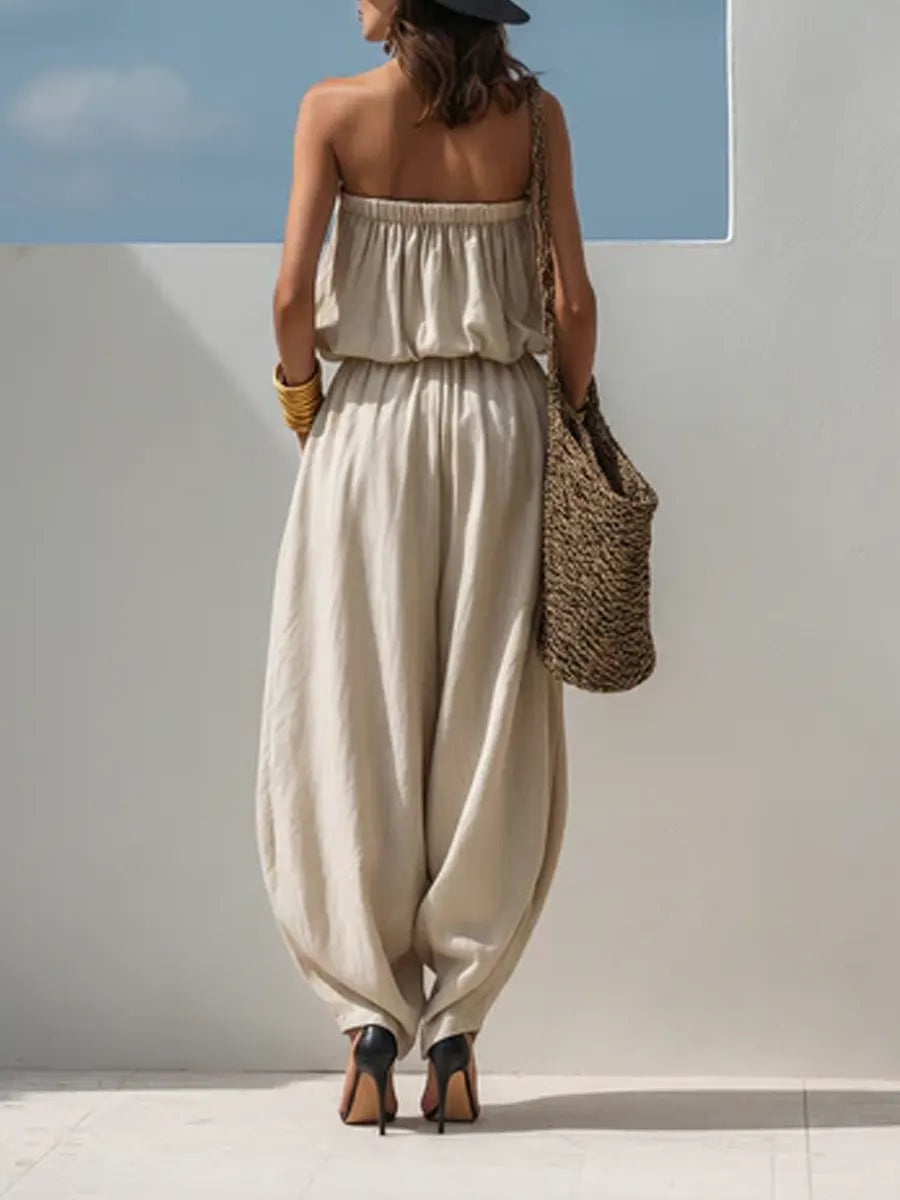 Casual Loose Sleeveless Tapered Cotton And Linen Jumpsuit