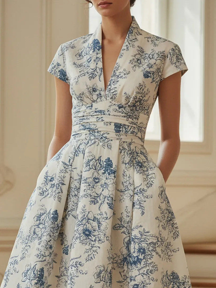 Midi Linen Dress, Short Sleeves, V Neck, Floral, Vintage, Blue