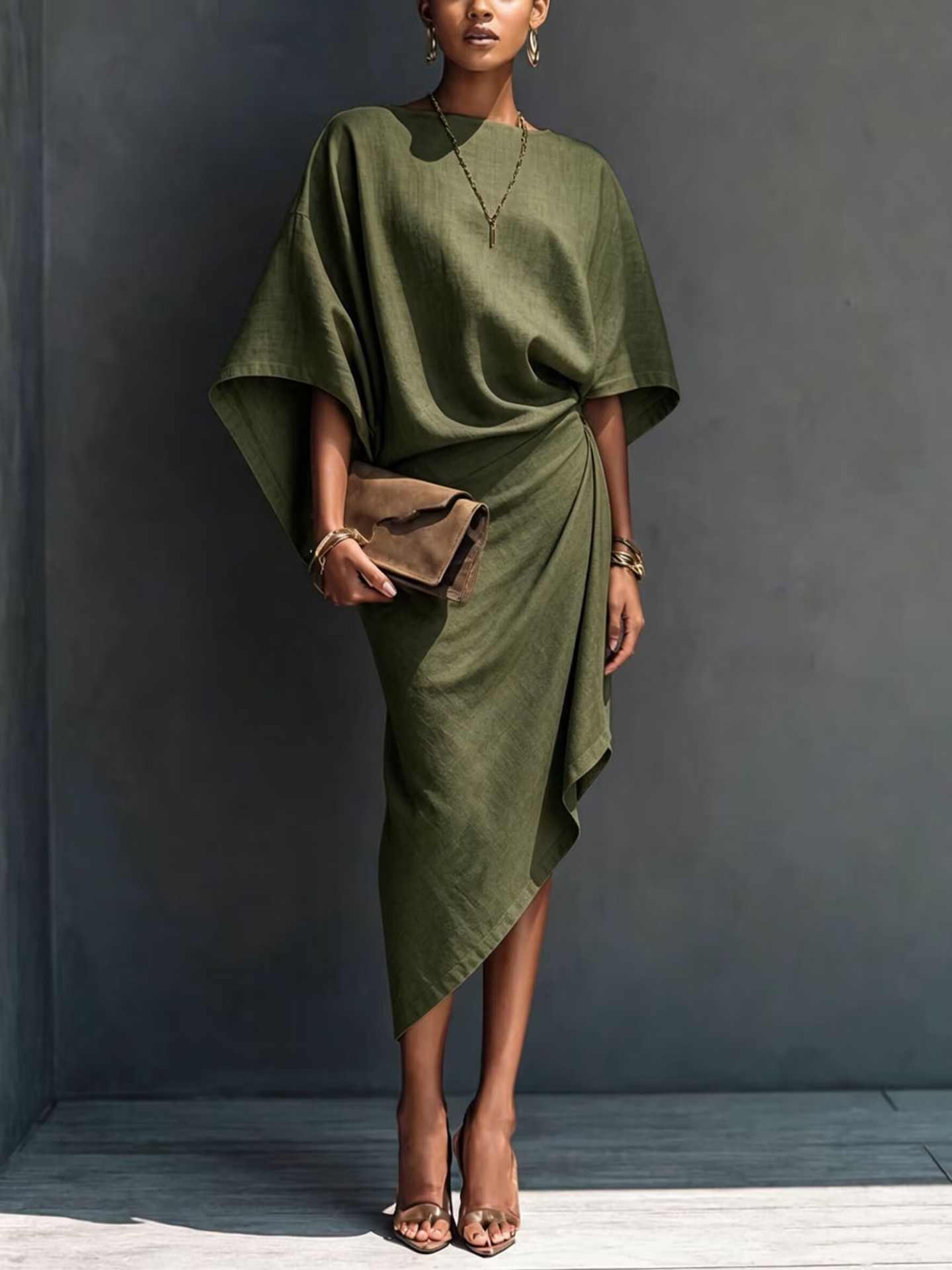 Khaki Draped Asymmetrical Short-sleeved Midi Dress