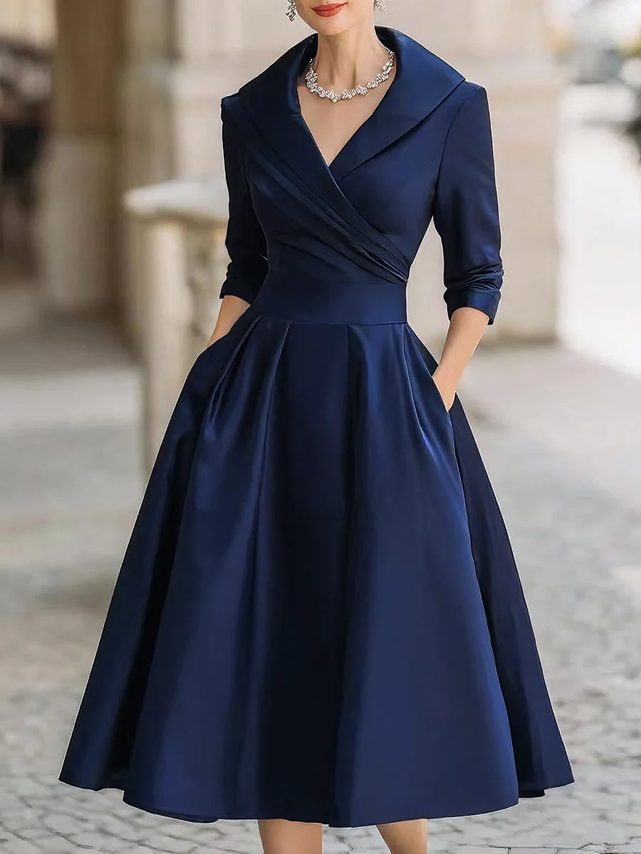 Elegant Black Satin Pleated V-neck A-line Midi Dress