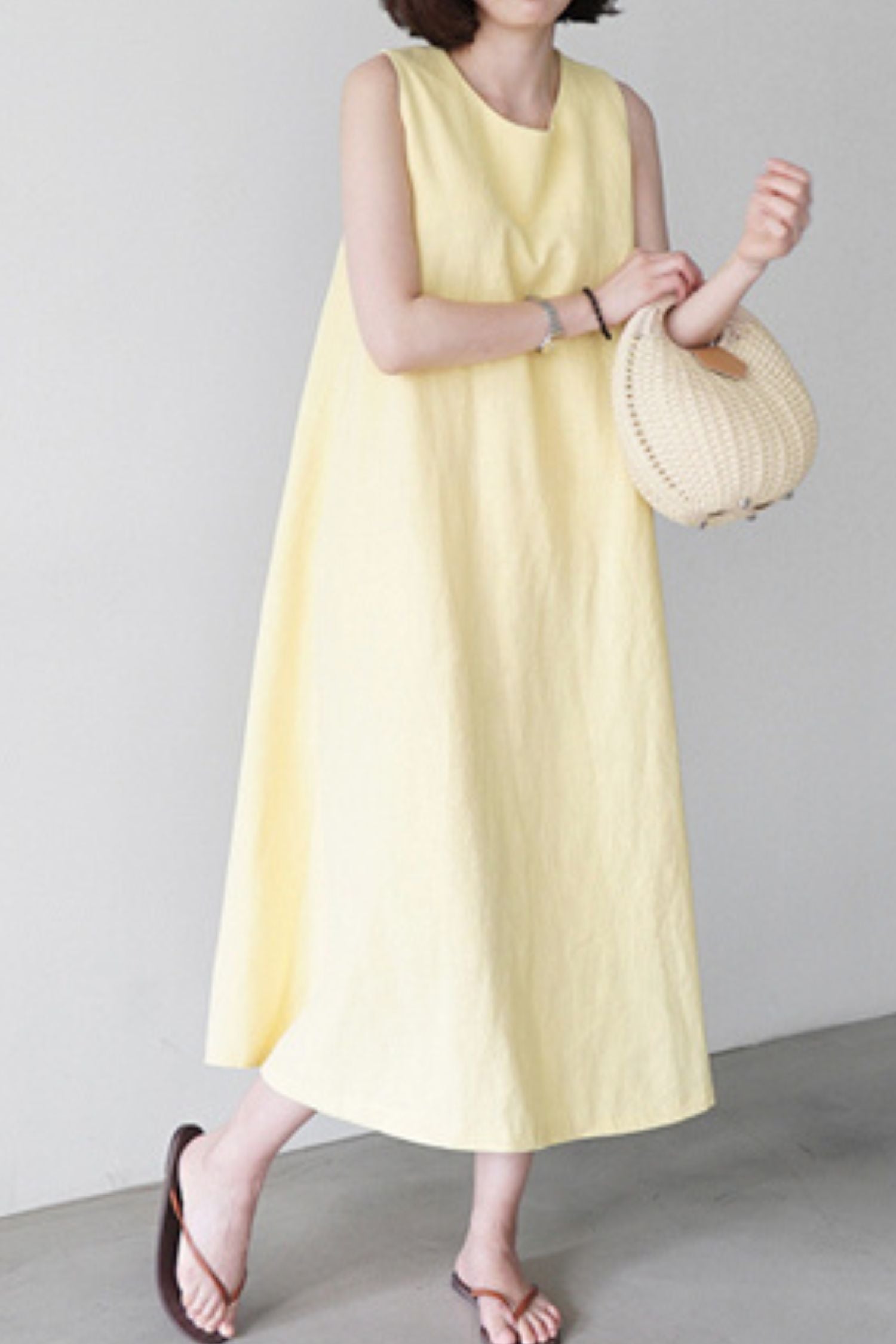 Light Yellow Cotton and Linen Sleeveless Maxi Dress - Loose Fit L0622