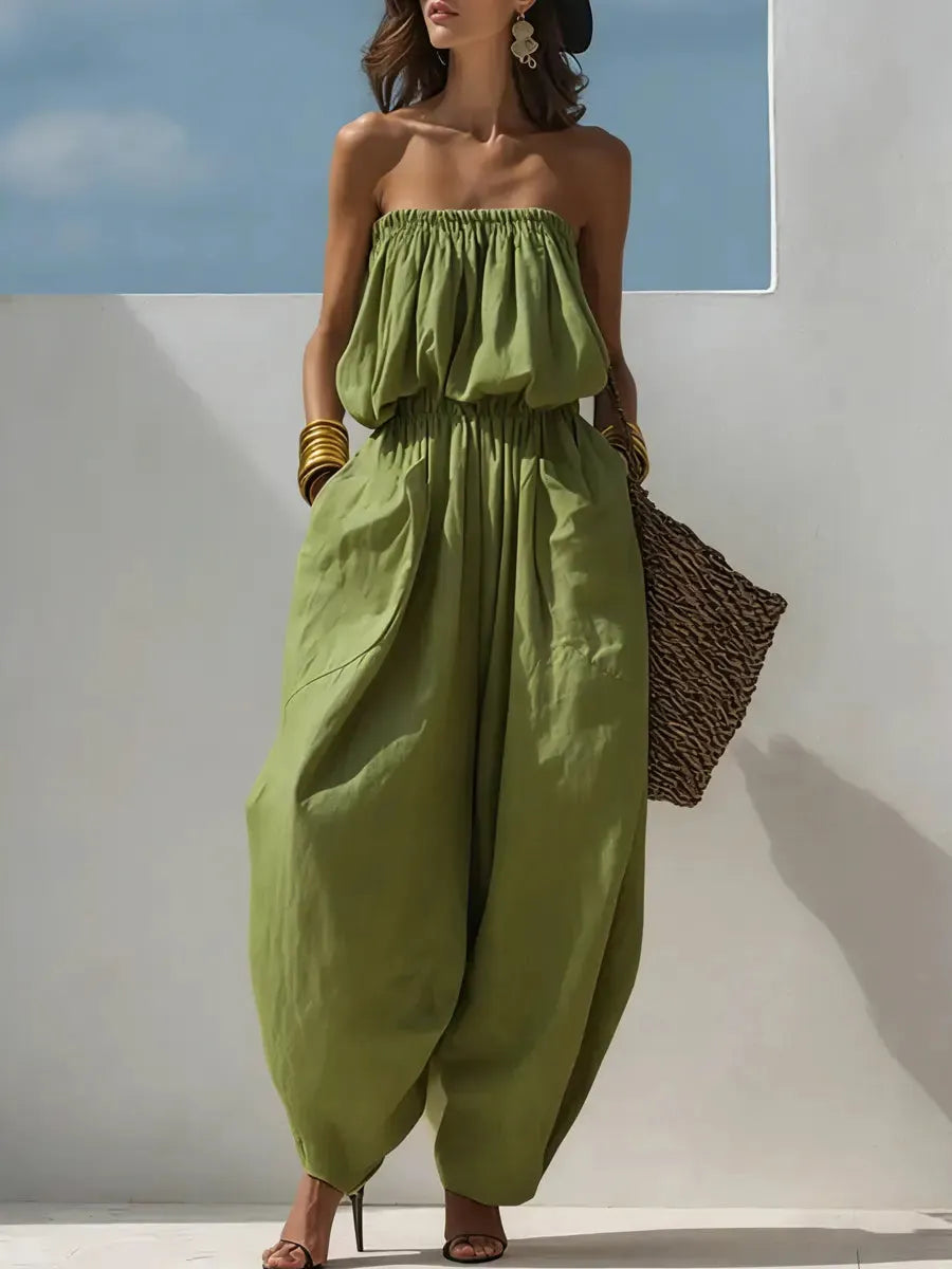 Casual Loose Sleeveless Tapered Cotton And Linen Jumpsuit