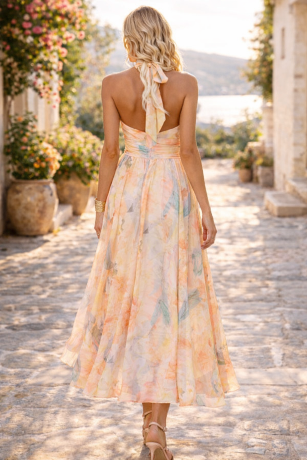 Alicia | Halter Neck Pleated Floral Print Maxi Dress
