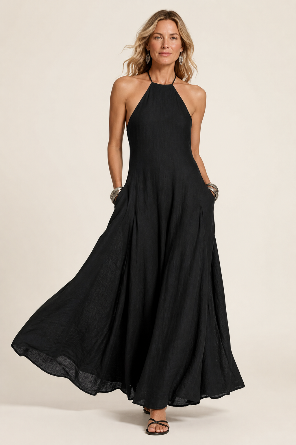 Linen Blend Halter Neck Maxi Dress