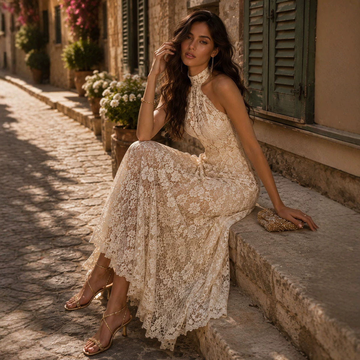 Floral Lace Halter Maxi Dress