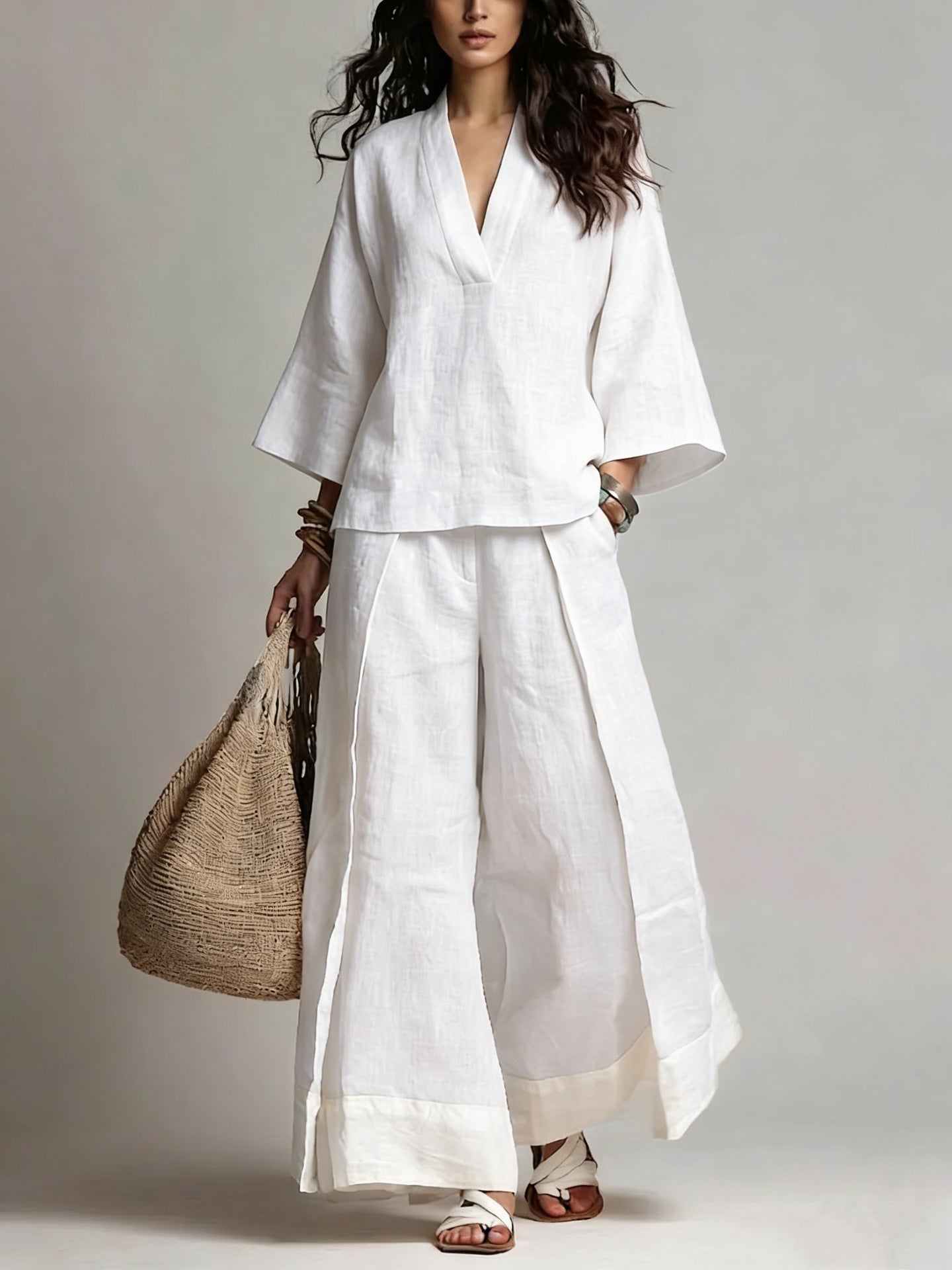 V-Neck Wide-Leg Pants Set