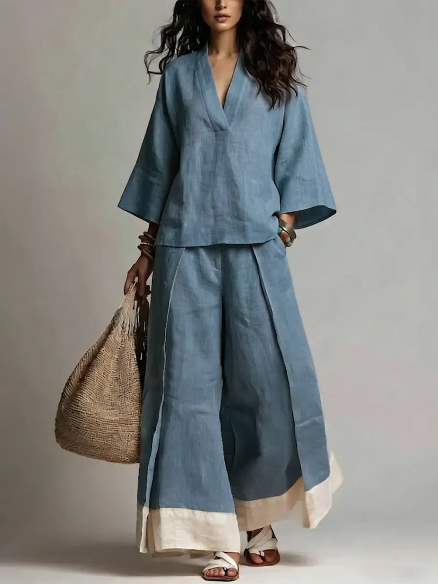 V-Neck Wide-Leg Pants Set