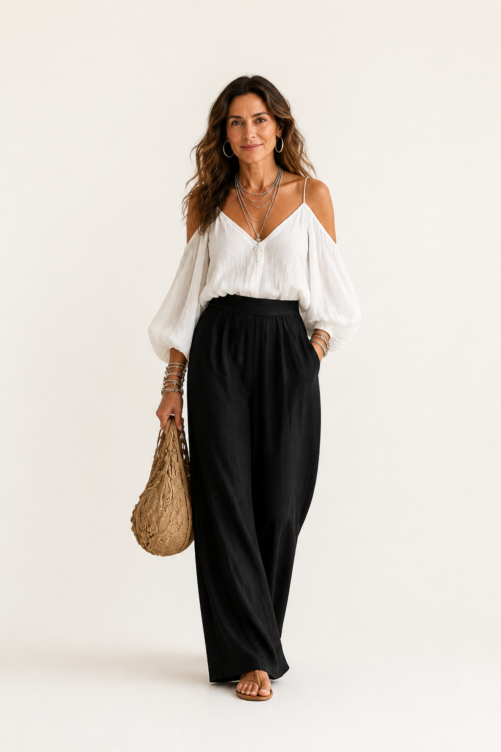 Off-the-shoulder Contrast Wide-leg Pants Set
