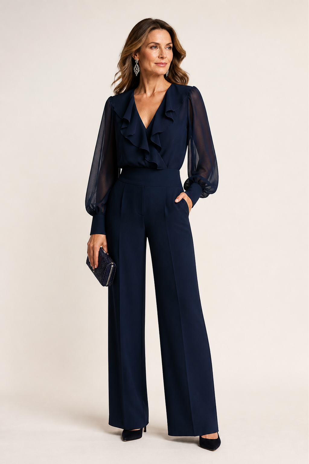 Ruffled Chiffon Top And Wide-leg Pants Set