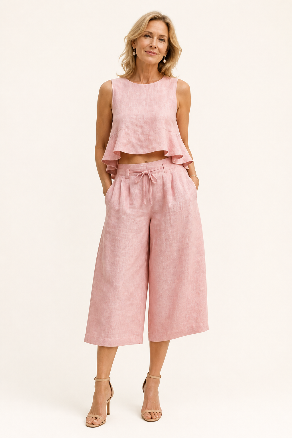 Ruffled Wide-leg Capri Pants Set