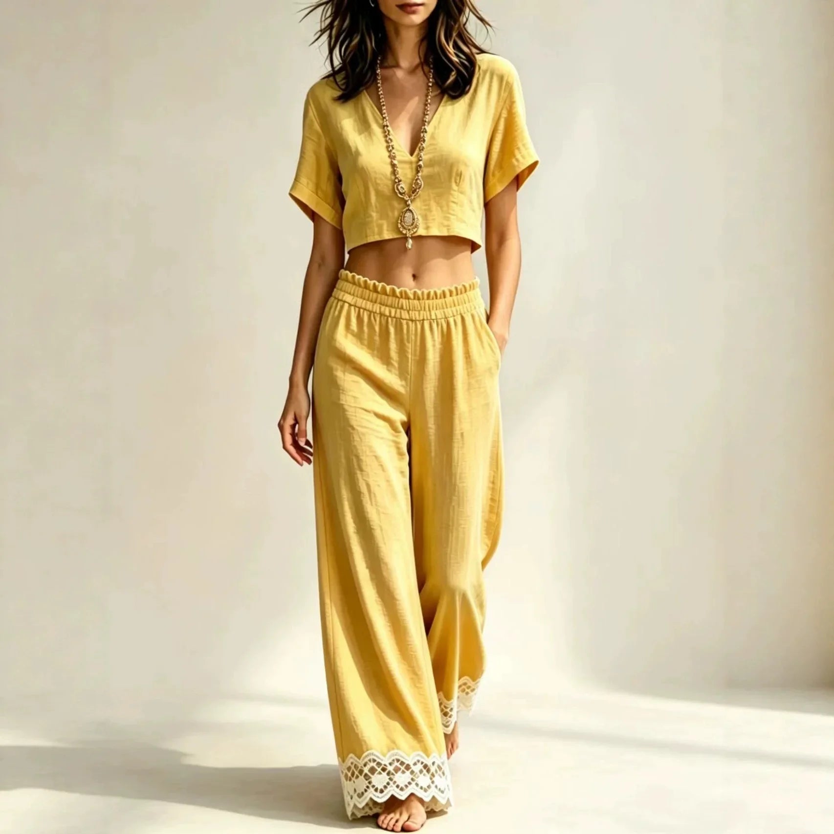 Cropped Top Lace Detail Pants Set