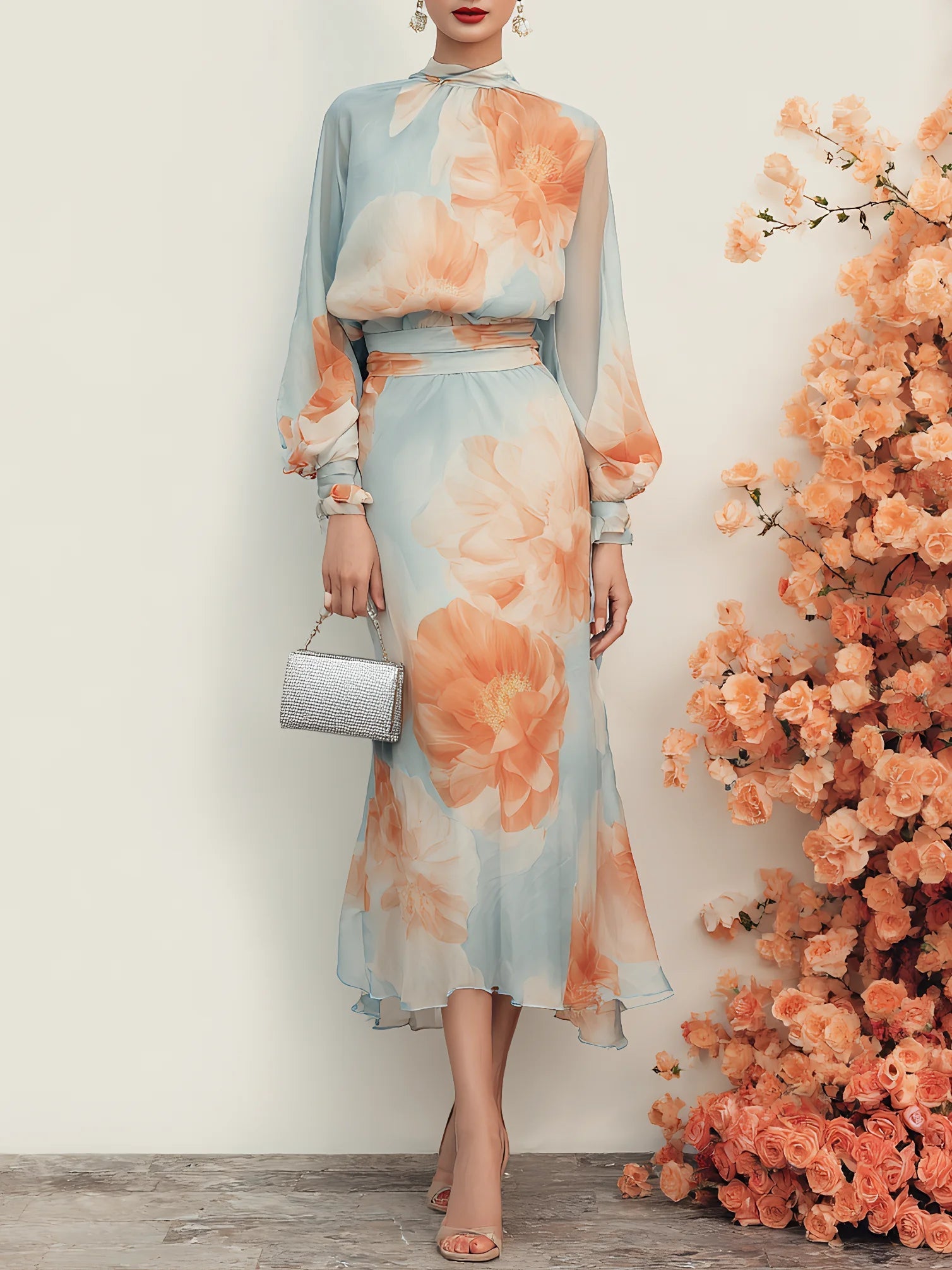 Romantic Floral Mock Neck Long Sleeve Top With Skirt Two-Piece Set