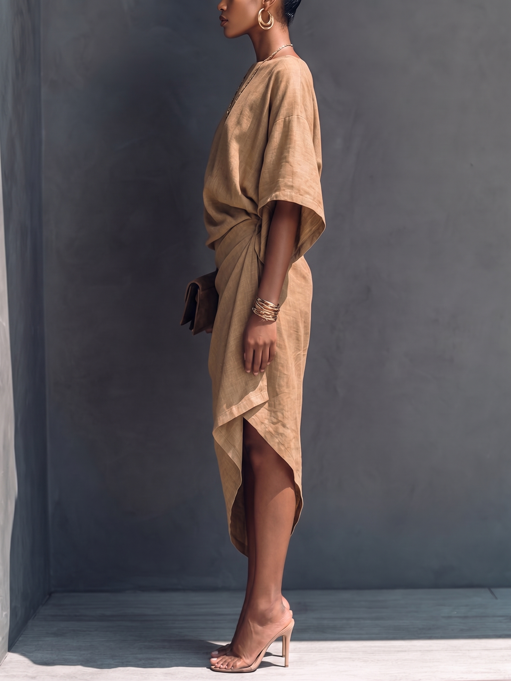 Khaki Draped Asymmetrical Short-sleeved Midi Dress