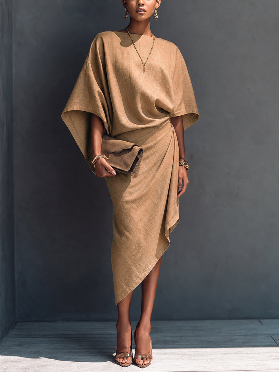 Khaki Draped Asymmetrical Short-sleeved Midi Dress