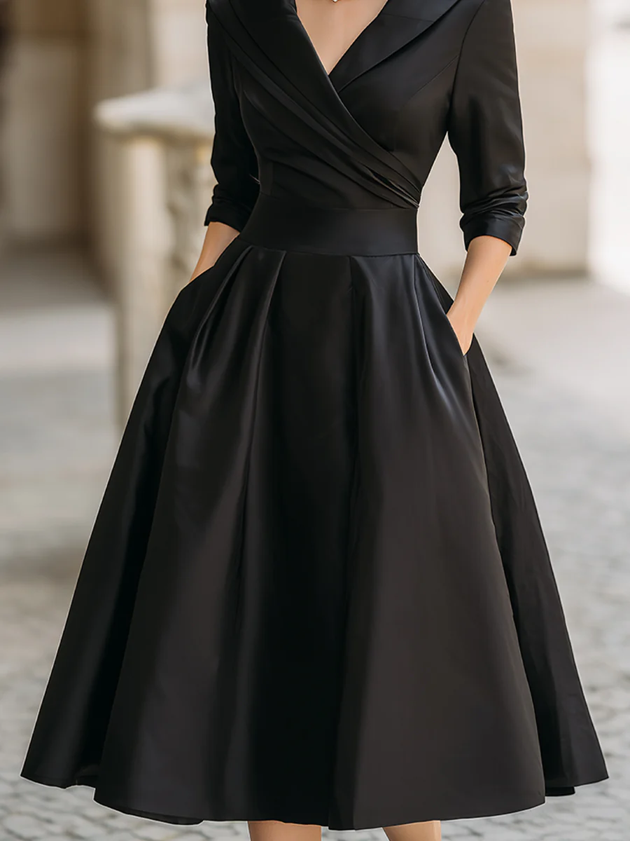 Elegant Black Satin Pleated V-neck A-line Midi Dress