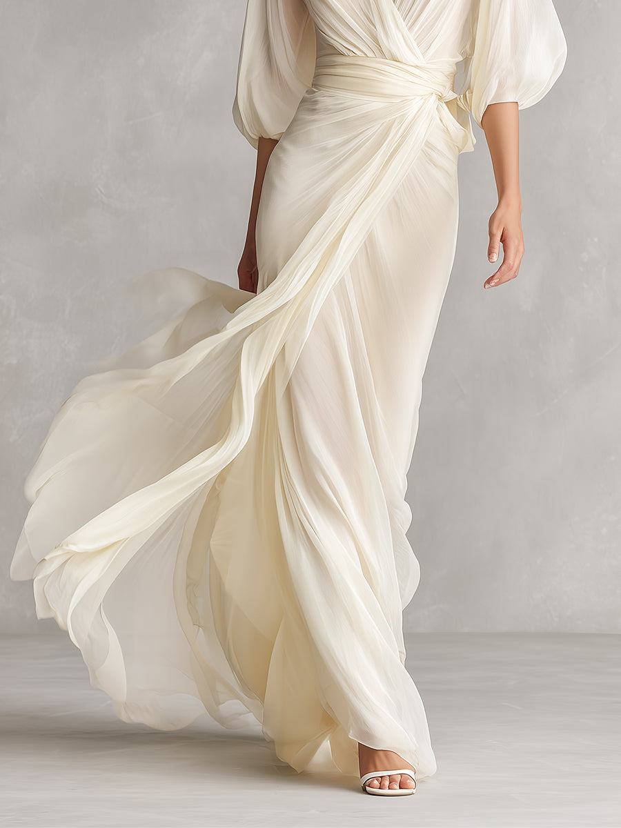 Ivory Sheer Chiffon Maxi Dress