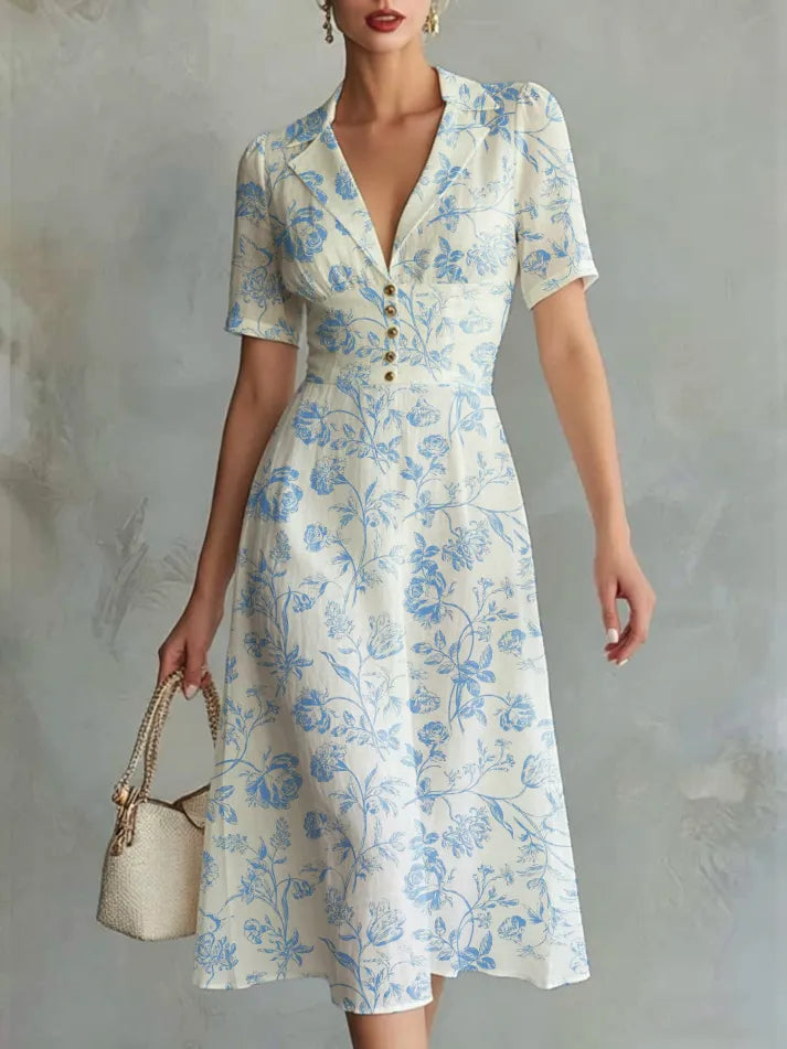 Midi Linen Dress, Short Sleeves, Lapel Collar, Floral, Button Design, Vintage, Blue