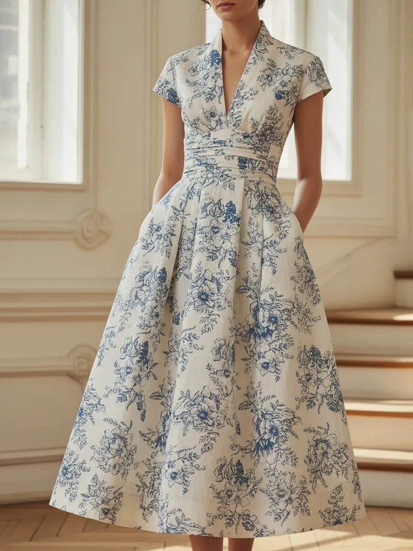 Midi Linen Dress, Short Sleeves, V Neck, Floral, Vintage, Blue