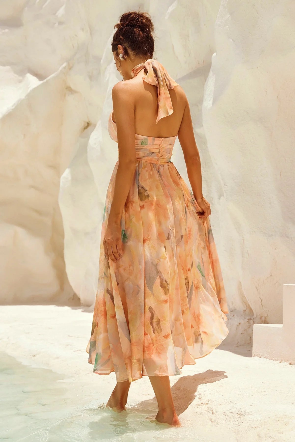 Alicia | Halter Neck Pleated Floral Print Maxi Dress