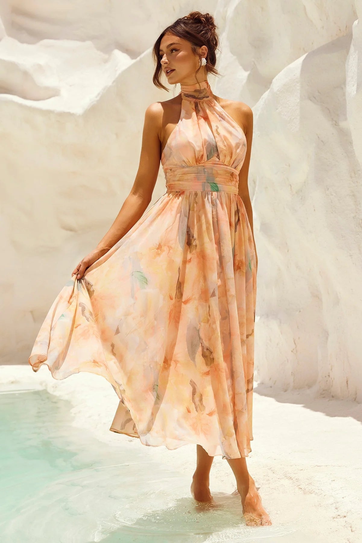 Alicia | Halter Neck Pleated Floral Print Maxi Dress