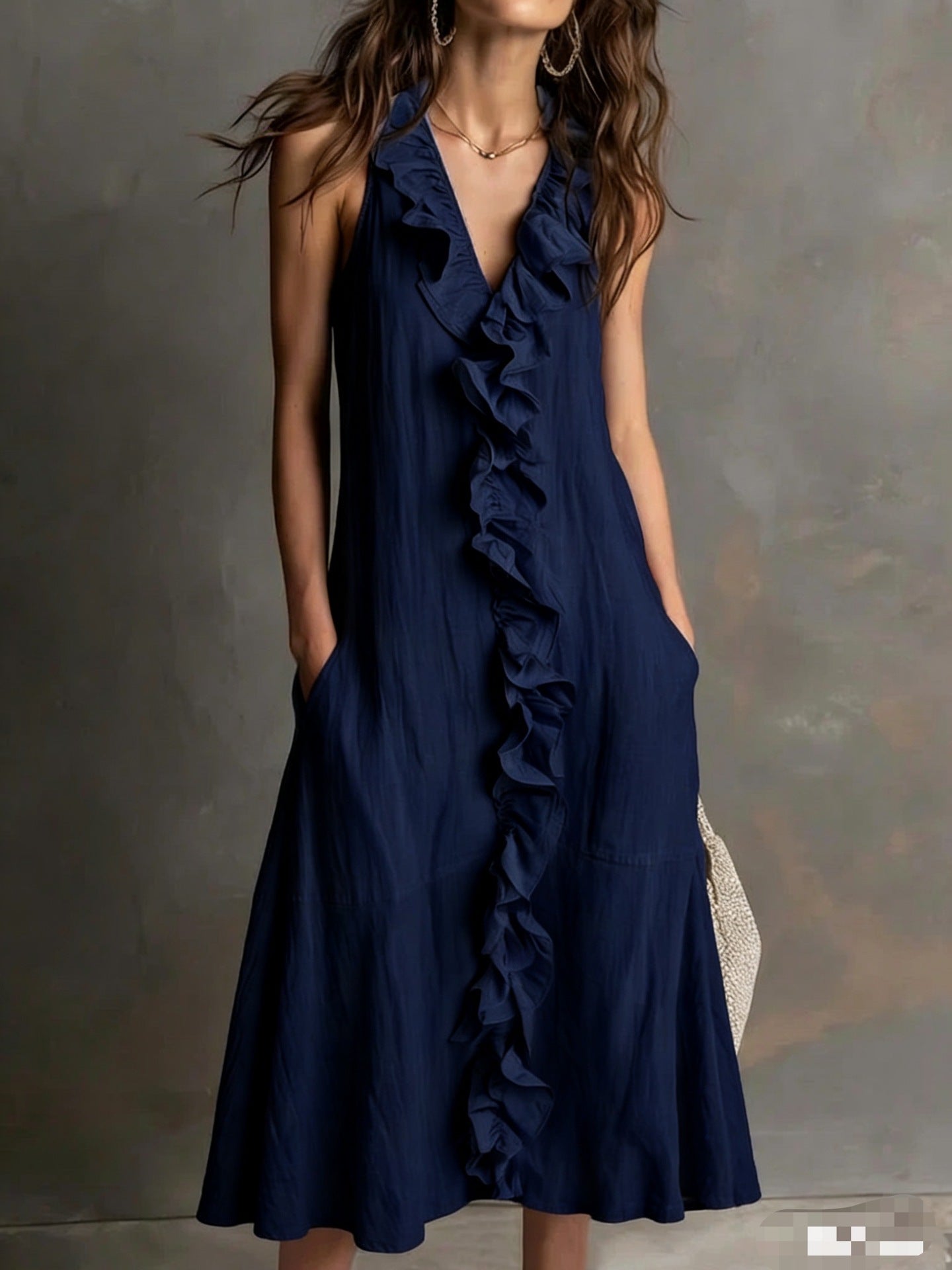 Women's Solid-Color Sleeveless V-Neck Flared Ruffle Dress
