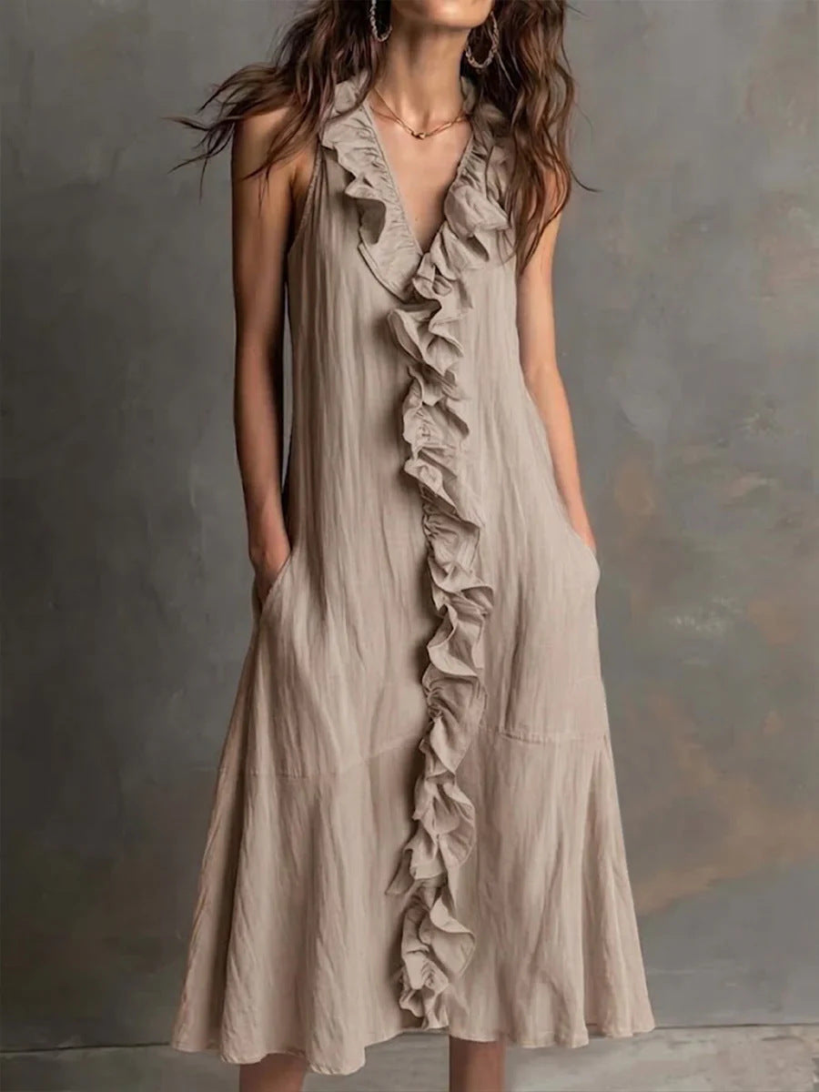 Women's Solid-Color Sleeveless V-Neck Flared Ruffle Dress