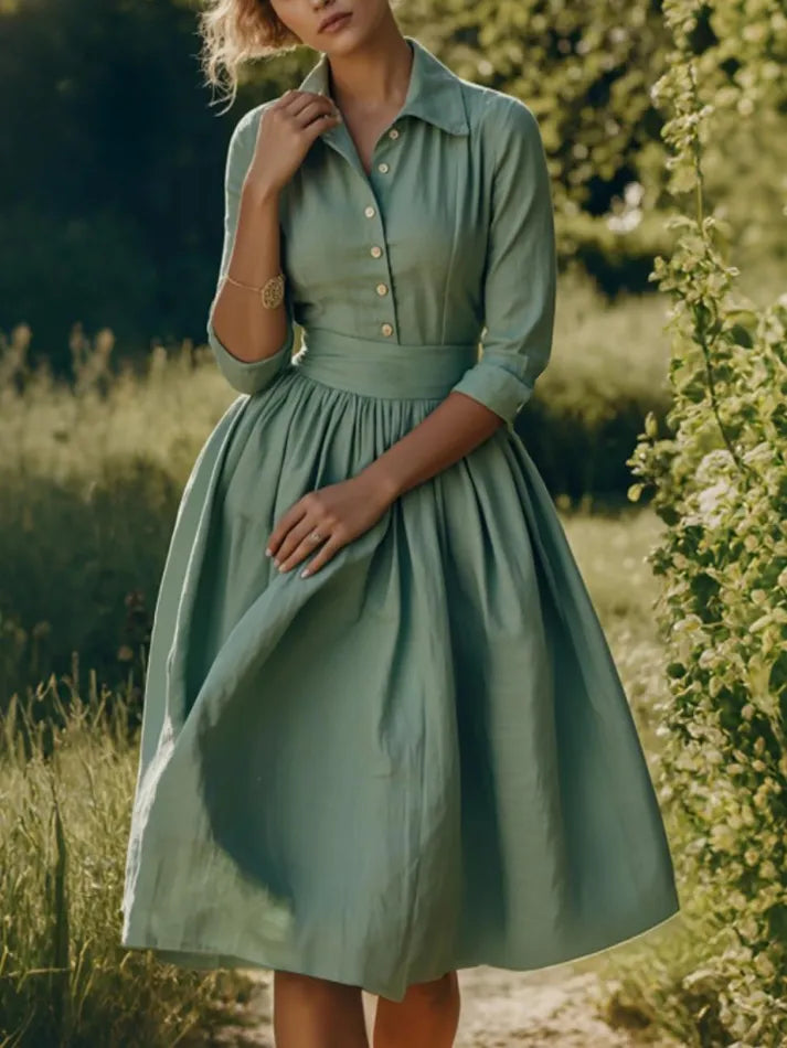 Midi Linen Dress, Half Sleeve, Linen Blend, Plain, Renaissance, Green