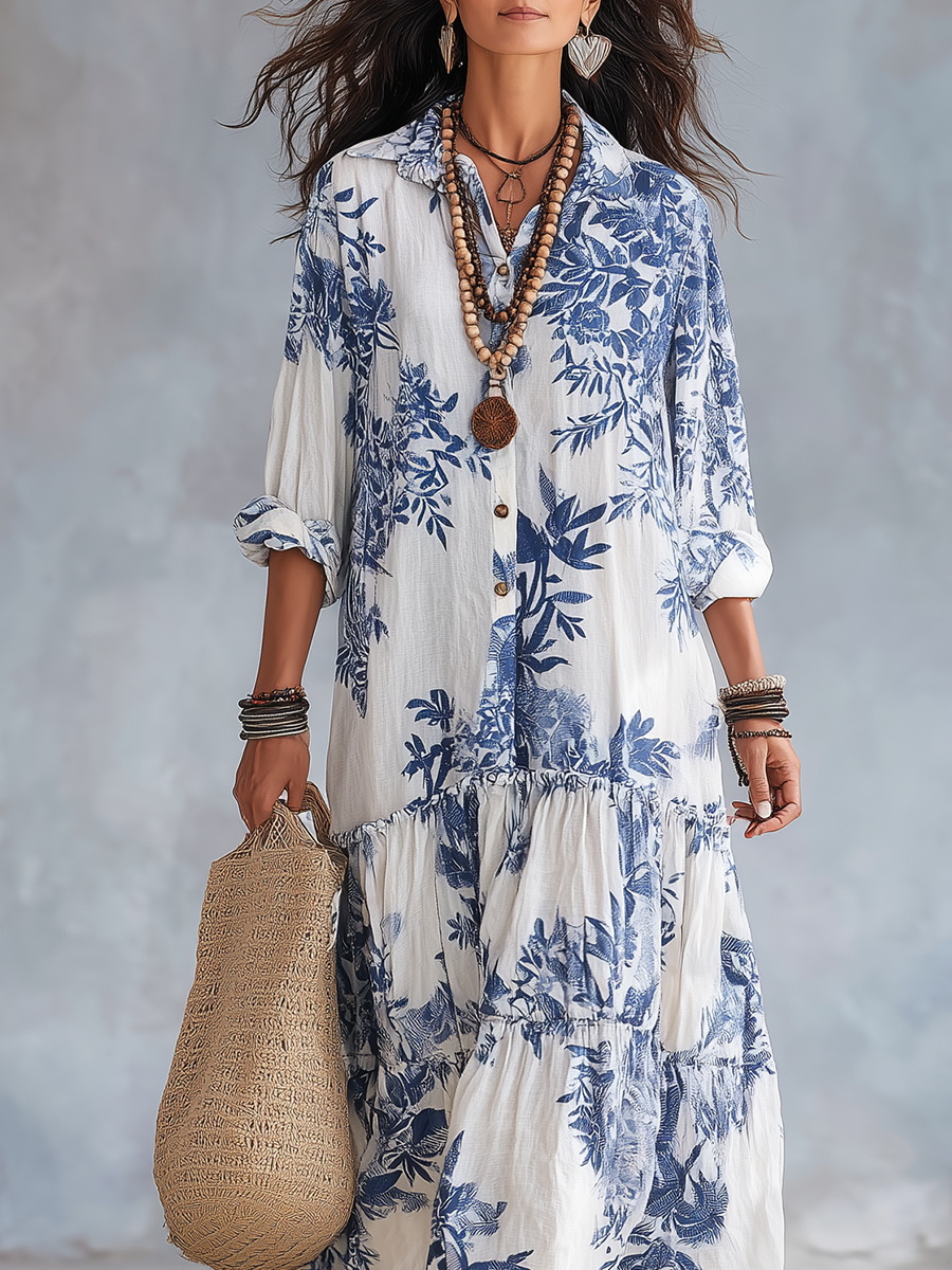 Bohemian Blue Floral Maxi Dress