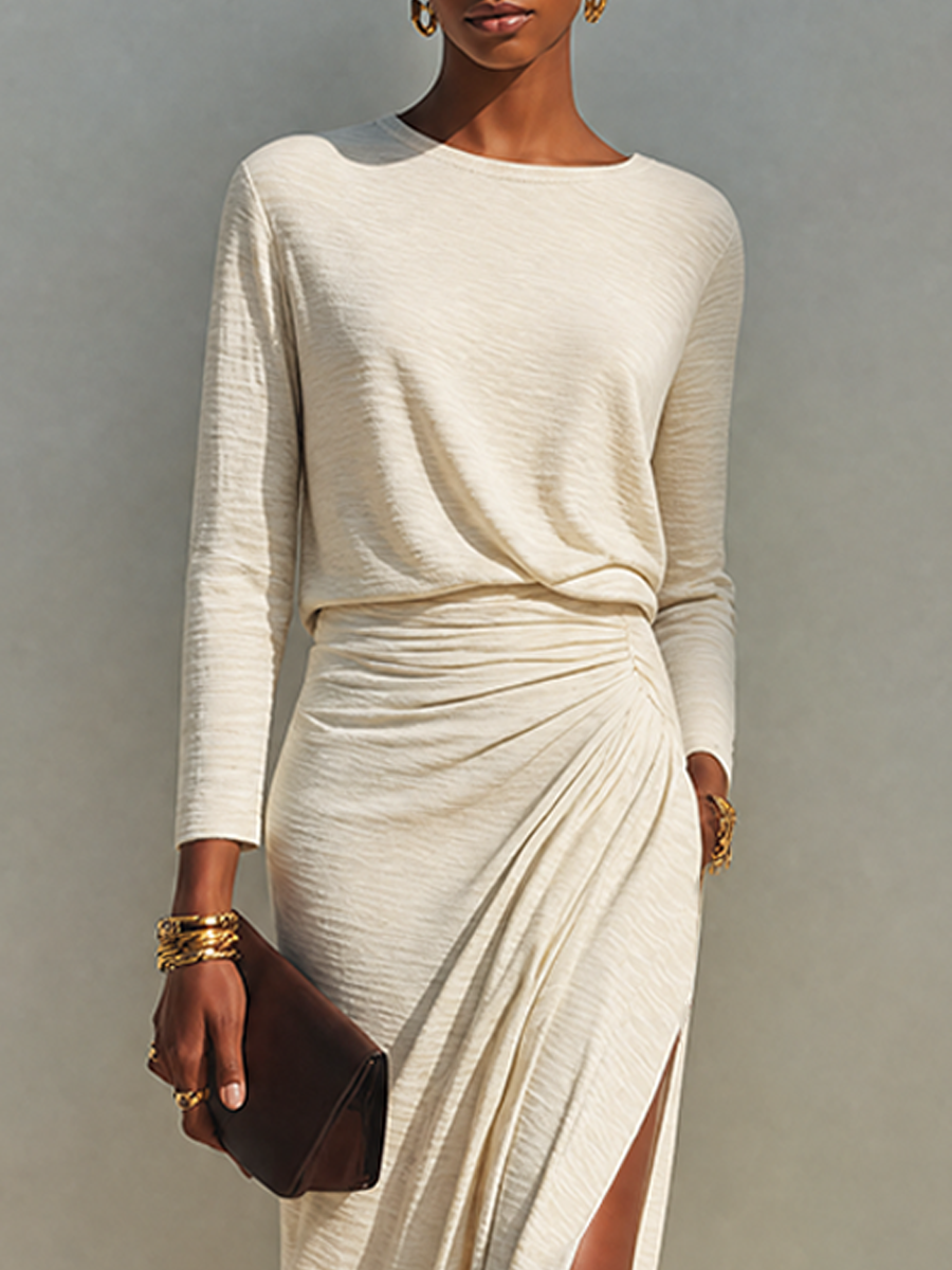Beige Cotton-Blend Crew-Neck Slit Maxi Dress