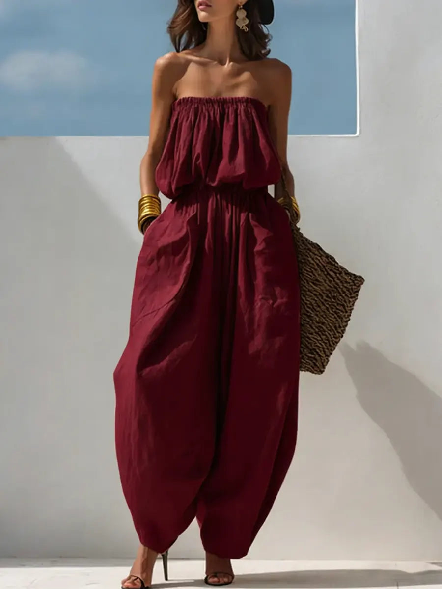 Casual Loose Sleeveless Tapered Cotton And Linen Jumpsuit