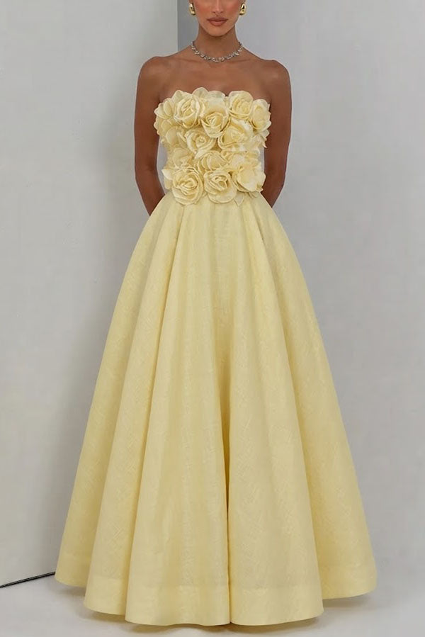 3D Rosette Strapless Midi Dress
