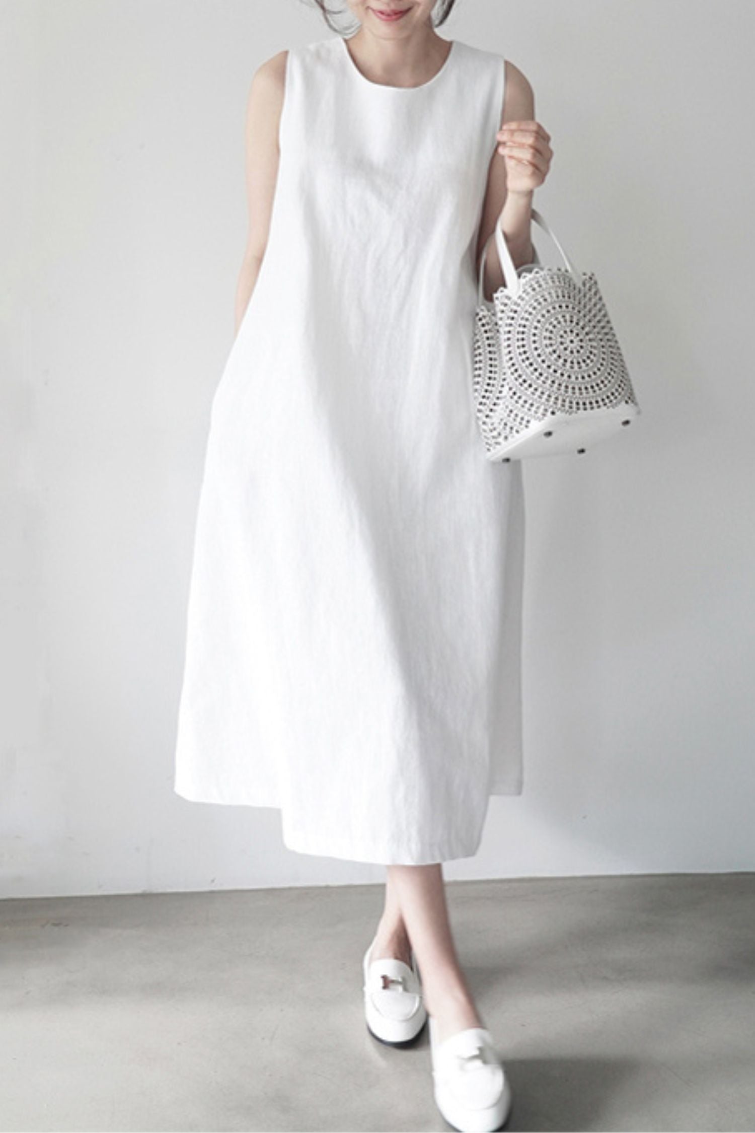 Light Yellow Cotton and Linen Sleeveless Maxi Dress - Loose Fit L0622