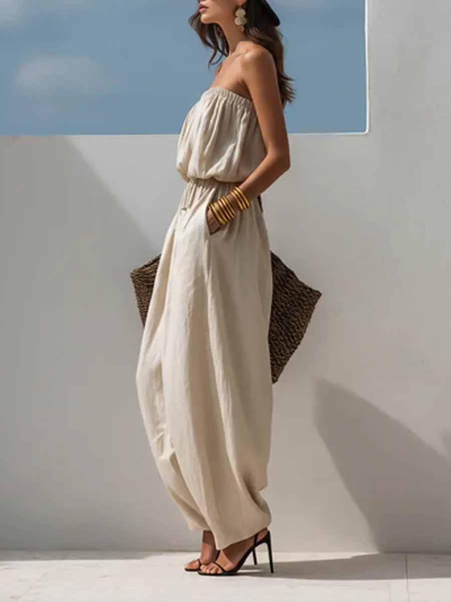 Casual Loose Sleeveless Tapered Cotton And Linen Jumpsuit