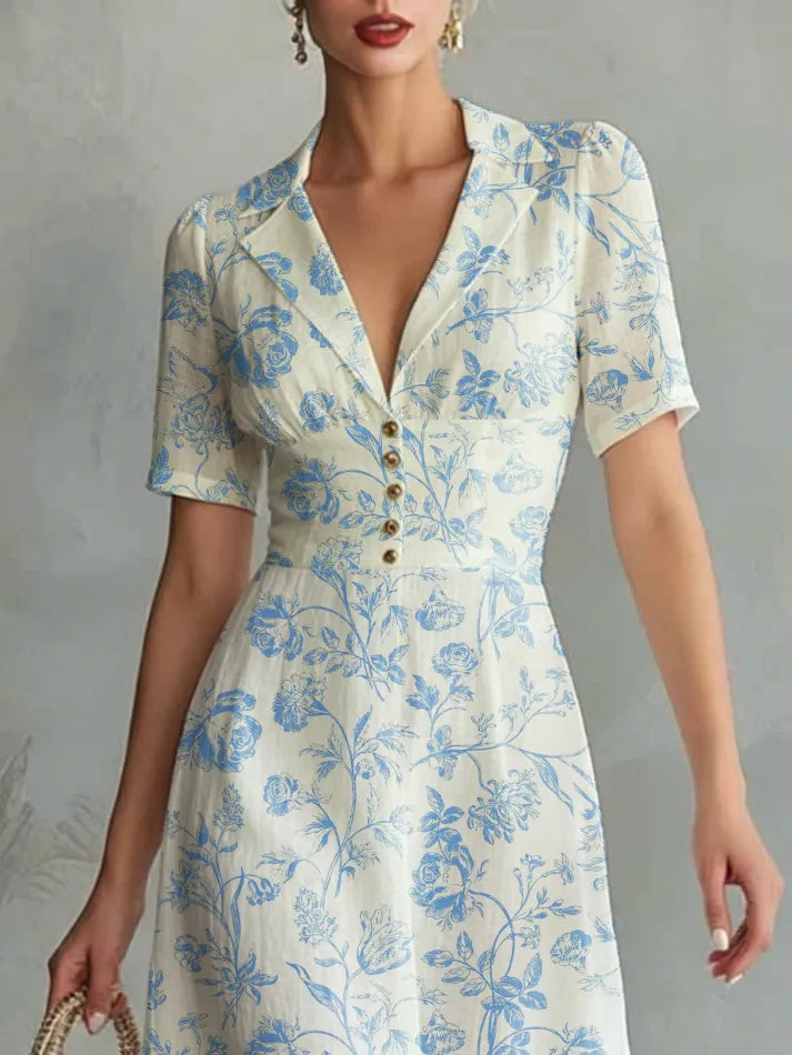 Midi Linen Dress, Short Sleeves, Lapel Collar, Floral, Button Design, Vintage, Blue