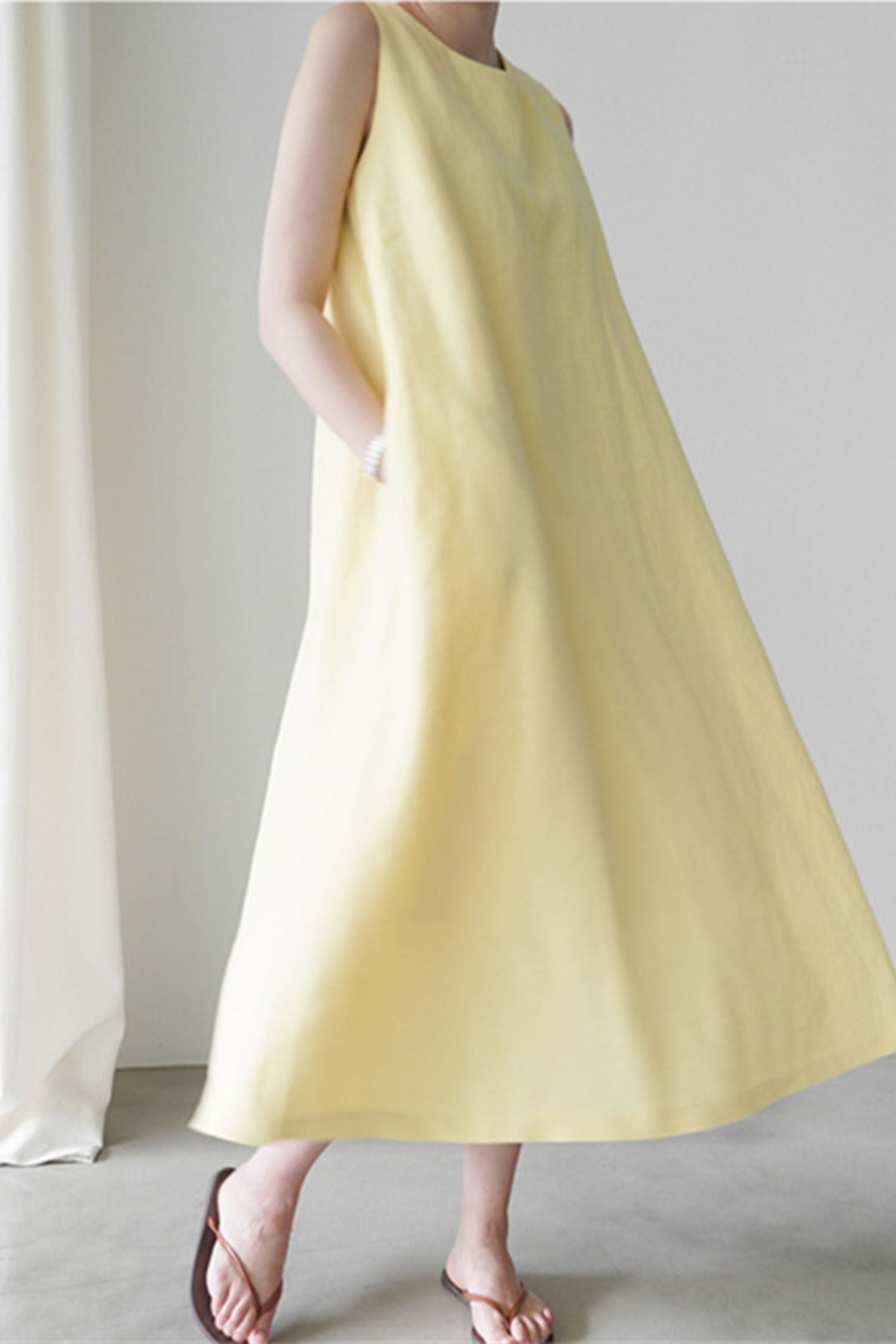 Light Yellow Cotton and Linen Sleeveless Maxi Dress - Loose Fit L0622