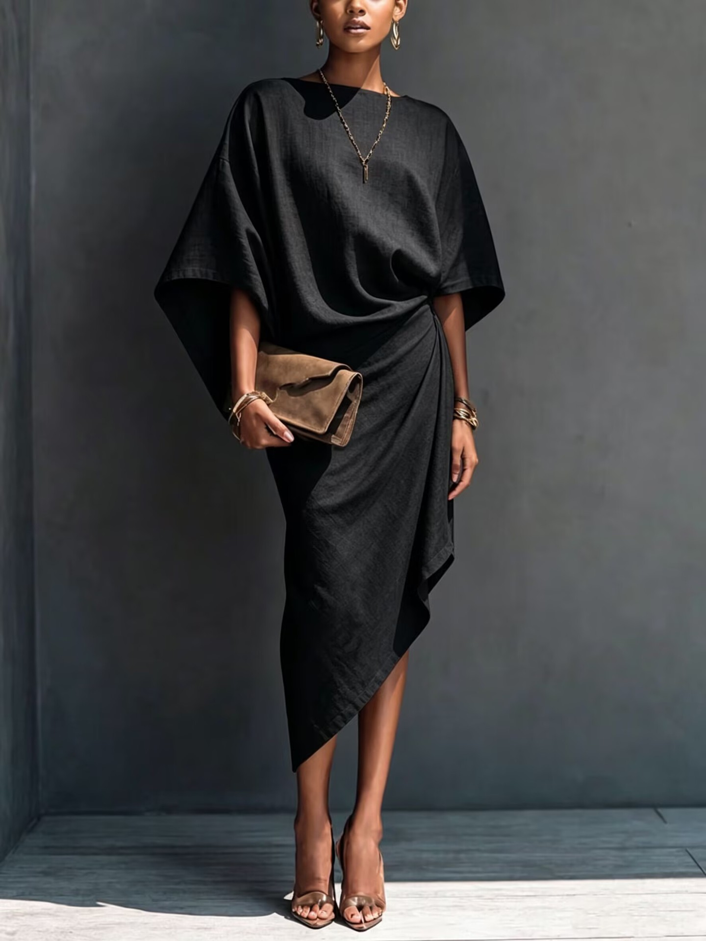 Khaki Draped Asymmetrical Short-sleeved Midi Dress