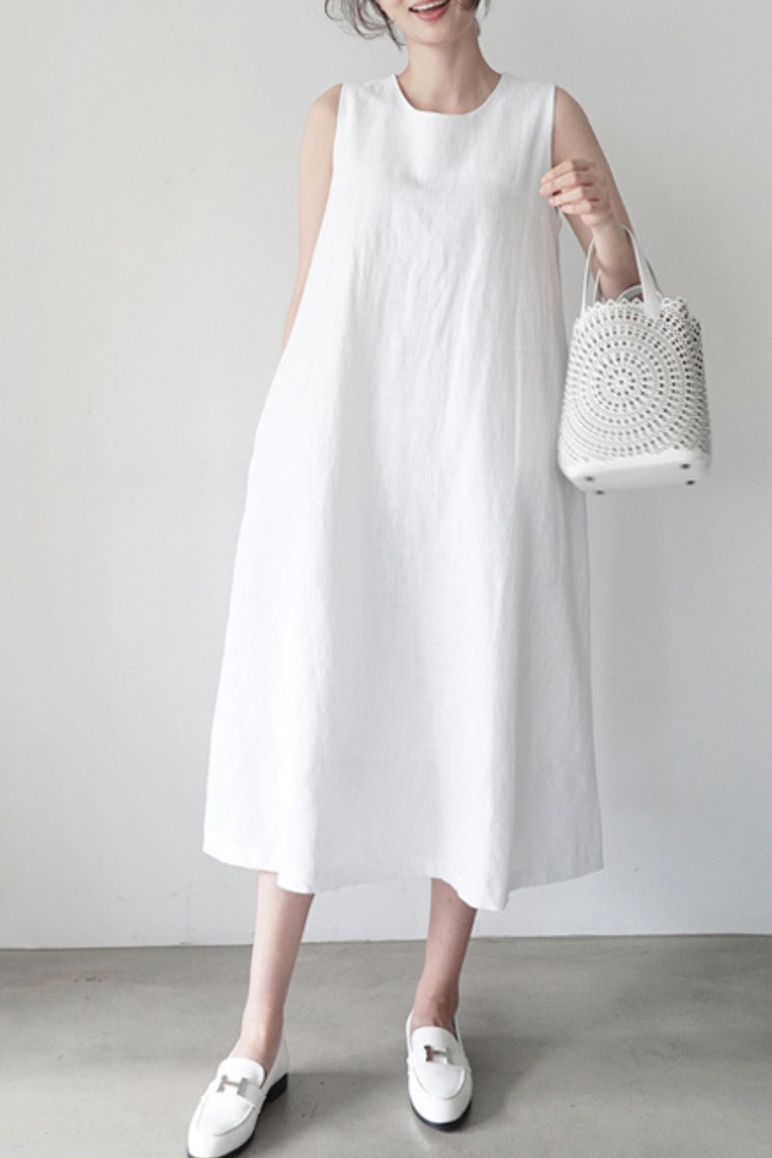 Light Yellow Cotton and Linen Sleeveless Maxi Dress - Loose Fit L0622