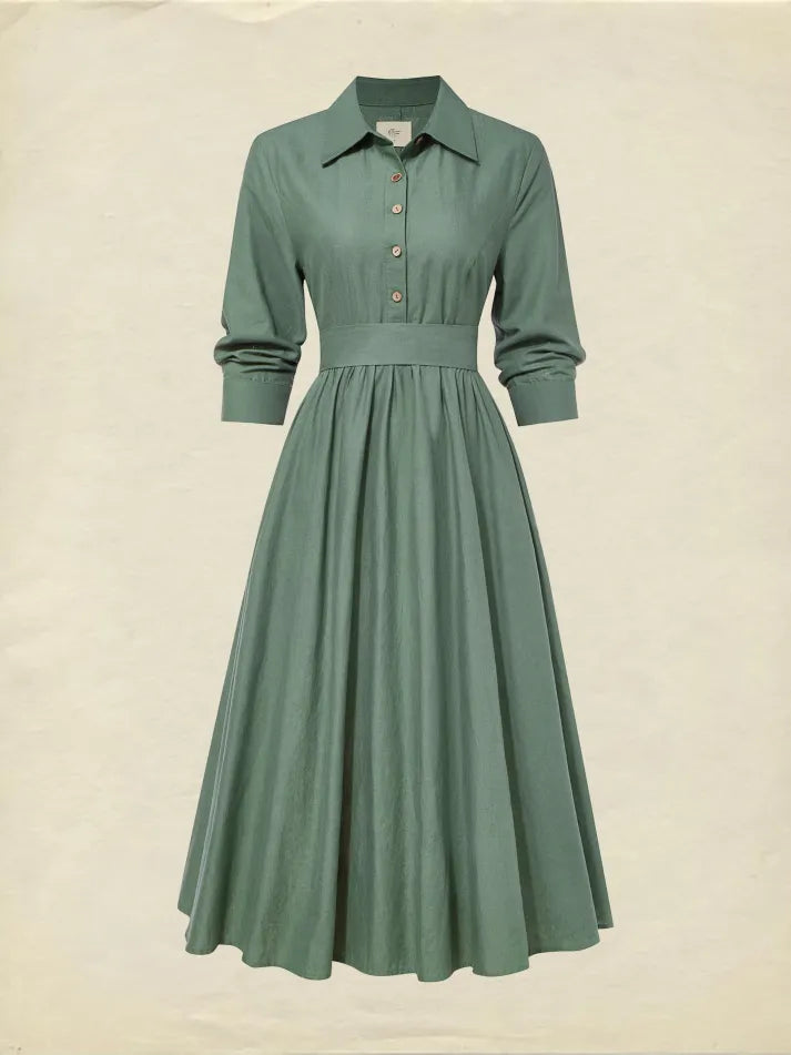 Midi Linen Dress, Half Sleeve, Linen Blend, Plain, Renaissance, Green
