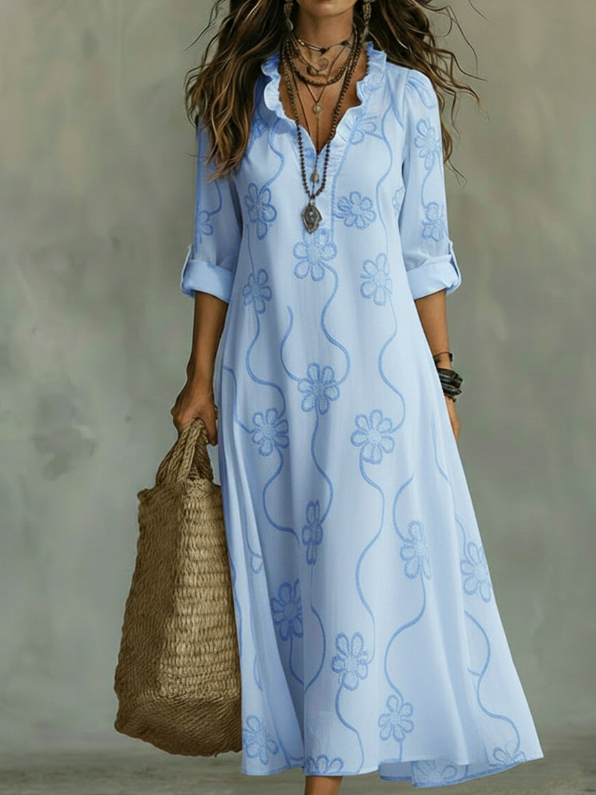 Elegant Floral Print Ruffled Collar Midi Dress