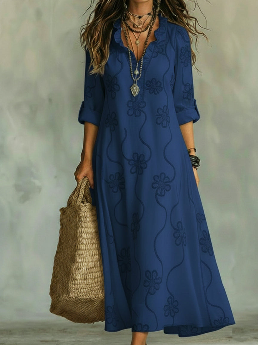 Elegant Floral Print Ruffled Collar Midi Dress