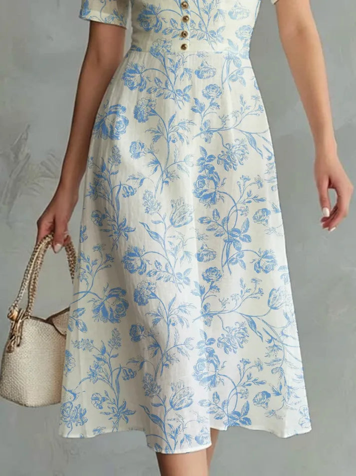 Midi Linen Dress, Short Sleeves, Lapel Collar, Floral, Button Design, Vintage, Blue